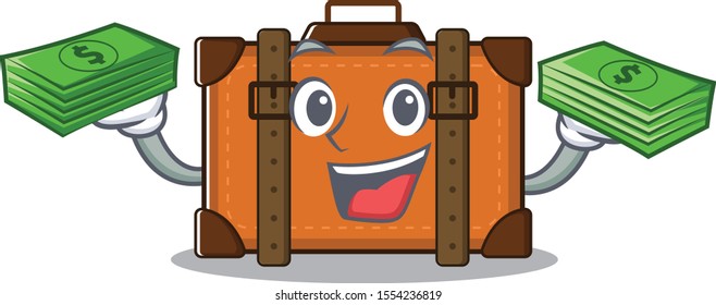suitcase happy holding money on a with character