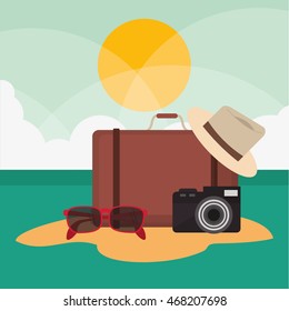 suitcase hat glasses camera vacation summer travel tourism icon, vector illustration