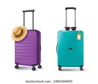 Suitcase with hat and sunglasses for summer vacation or business trip concept. Realistic 3d vector illustration set of tourist luggage bag on wheels with handle for sea beach holiday resort.