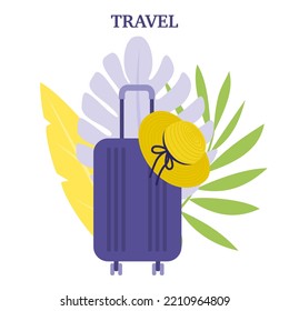 Suitcase and hat. Time to travel. Flat style. Vector illustration
