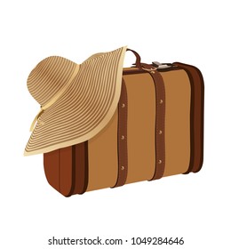 Suitcase and hat. Vacation, travel. Vector illustration.