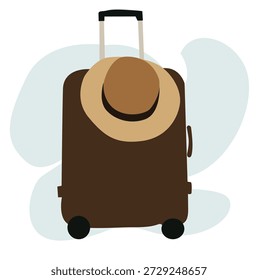 mala e chapéu.Ilustração de uma mala amarela com uma câmera e chapéu.