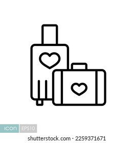 Suitcase and honeymoon on vacation wedding isolated icon. Vector illustration, romance elements. Sticker, patch, badge, card for marriage, valentine