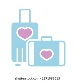 Suitcase and honeymoon on vacation wedding isolated glyph icon. Vector illustration, romance elements. Sticker, patch, badge, card for marriage, valentine