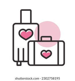 Suitcase and honeymoon on vacation wedding isolated icon. Vector illustration, romance elements. Sticker, patch, badge, card for marriage, valentine