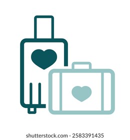 Suitcase and honeymoon on vacation wedding isolated icon. Vector illustration, romance elements. Sticker, patch, badge, card for marriage, valentine