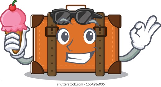 suitcase with ice cream in the cartoon with mascot