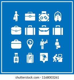 suitcase icon. 16 suitcase vector set. man arriving to daily job, businessman with handbag standing silhouette, briefcase and bag for travel icons for web and design about suitcase theme