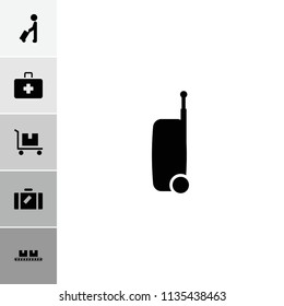 Suitcase icon. collection of 6 suitcase filled icons such as man with luggage, luggage, first aid kit, cargo on cart. editable suitcase icons for web and mobile.