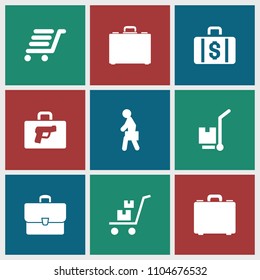 Suitcase icon. collection of 9 suitcase filled icons such as cargo on cart, luggage cart, case, man with case. editable suitcase icons for web and mobile.