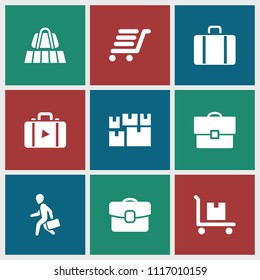 Suitcase icon. collection of 9 suitcase filled icons such as luggage belt, cargo on cart, luggage cart, case, luggage. editable suitcase icons for web and mobile.