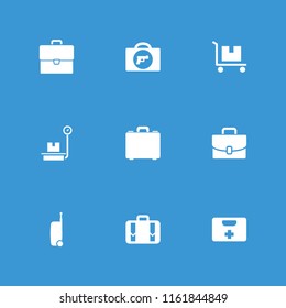 Suitcase icon. collection of 9 suitcase filled icons such as briefcase with weapon, luggage, case, cargo on cart, luggage weight. editable suitcase icons for web and mobile.