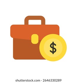Ícone de mala com moeda de dólar. Conceitos financeiros, bancários, de investimentos, monetários, imobiliários comerciais.