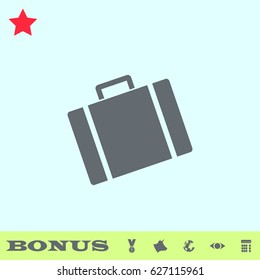 Suitcase icon flat. Grey pictogram on blue background. Vector illustration symbol and bonus buttons medal, cow, earth, eye, calculator