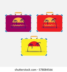 Suitcase icon with palm trees at sunset background