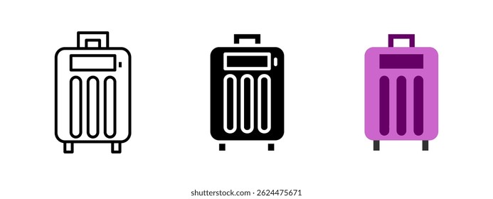 Suitcase icon. Rolling luggage with handle and wheels vector illustration. Travel case or baggage for trips or vacations symbol. Portable tourism gear and transport sign. Flight and airport pictogram.