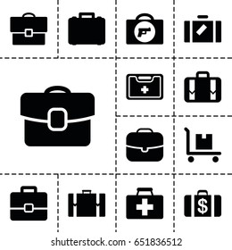Suitcase icon. set of 13 filled suitcaseicons such as luggage, briefcase with weapon, money case, first aid kit, cargo on cart, medical kit, case