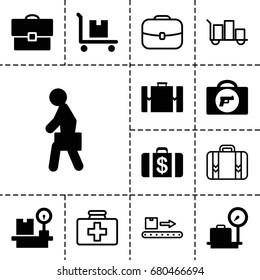 Suitcase icon. set of 13 filled and outline suitcase icons such as briefcase with weapon, lugagge weight, money case, cargo on cart, man with case, suitcase, case