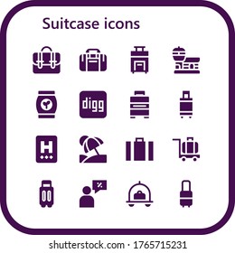 suitcase icon set. 16 filled suitcase icons.  Simple modern icons such as: Briefcase, Sport bag, Suitcase, Airport, Bag, Digg, Baggage, Hotel, Vacation, Luggage, Salesman