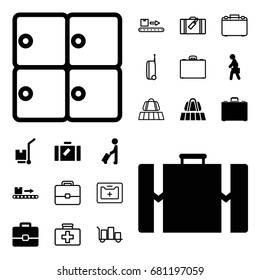 Suitcase icon. set of 20 suitcase filled and outline icons such as man with luggage, luggage, cargo on cart, case, man with case, suitcase, first aid kit