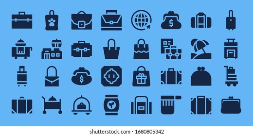 suitcase icon set. 32 filled suitcase icons. Included Briefcase, Room service, Suitcase, Baggage, Bag, Airport, Case, Purse, Luggage, Dohyo, Travel, Sport bag, Travel bag icons