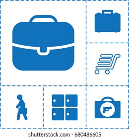 Suitcase icon. set of 6 suitcase filled and outline icons such as briefcase with weapon, luggage storage, man with case, case