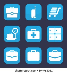 suitcase icon. Set of 9 filled suitcase icons such as lugagge weight, luggage storage, case, first aid kit, luggage cart