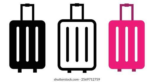 Suitcase icon set. Baggage, travel suitcase symbol. Luggage, bag, Suitcase Icon Set. Luggage Bag, Travel Trip Flight Trolley Sign. Rolling Baggage Icon for UI Designs. Design eps 10