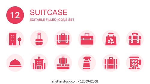 suitcase icon set. Collection of 12 filled suitcase icons included Hotel, Bag, Briefcase, Room service, Luggage, Desinfectant