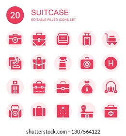 suitcase icon set. Collection of 20 filled suitcase icons included Briefcase, Bag, Luggage, Portfolio, Desinfectant, Medical kit, Hotel, First aid, Airport