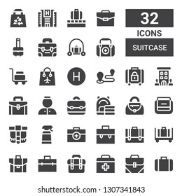 suitcase icon set. Collection of 32 filled suitcase icons included Luggage, Bag, First aid, Briefcase, Desinfectant, Belt pouch, Handbag, Bellhop, Hotel, Baggage, Travel, Portfolio