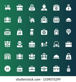 suitcase icon set. Collection of 36 filled suitcase icons included Bag, Briefcase, Hotel, Room service, Luggage, Travel, Salesman, Belt pouch, Medical kit, Desinfectant, First aid