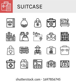 suitcase icon set. Collection of Briefcase, Bag, First aid kit, Hotel, Airport, Touristic, Tourist, Suitcase, Portfolio icons