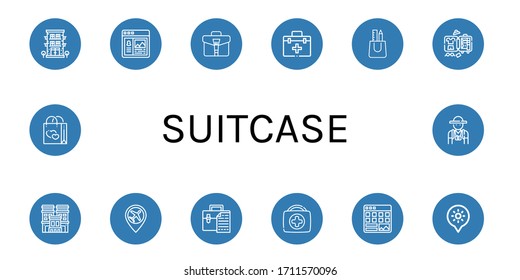 suitcase icon set. Collection of Hotel, Portfolio, Briefcase, First aid kit, Bag, Luggage, Airport, Holidays, Tourist icons