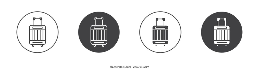 Suitcase icon set. luggage bag vector symbol. Travel trip flight trolley sign. rolling baggage sign in black filled and outlined style.