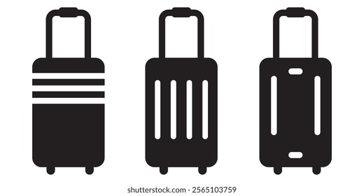 Suitcase Icon Set. Luggage Bag Icon. Travel Trip Flight Trolley Sign. Rolling Baggage Icon for UI Designs.