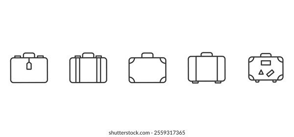 Suitcase icon set. Luggage trolley line icon set, travel suitcase symbol. Valise, baggage, luggage icon. Luggage suitcase, travel bag icons. Trip baggage sign vector icons illustration in transparent.