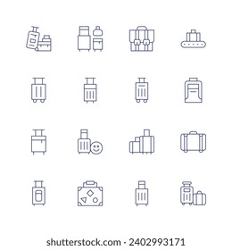 Suitcase icon set. Thin line icon. Editable stroke. Containing luggage, baggage, briefcase, trolley bag, travel, suitcase, travelling.