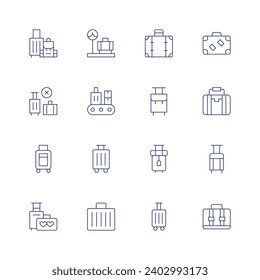 Suitcase icon set. Thin line icon. Editable stroke. Containing luggage, no travelling, migration, honeymoon, luggage scale, conveyor, suitcase.