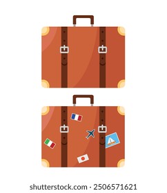 Suitcase icon. Suitcase stickers from different countries. Travel, vacation and tourism theme.