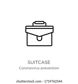 Suitcase icon. Thin linear suitcase outline icon isolated on white background from Coronavirus Prevention collection. Modern line vector sign, symbol, stroke for web and mobile