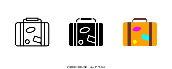 Ícone de mala. Bolsa de viagem com alça e adesivos decorativos ilustração vetorial. Símbolo portátil de viagem de bagagem e férias. Equipamento turístico e sinal de viagem de férias. Pictograma da bagagem e da excursão.