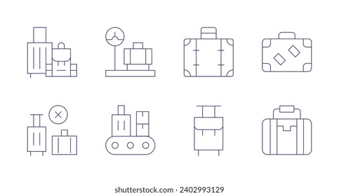 Suitcase icons. Editable stroke. Containing luggage, no travelling, luggage scale, conveyor, suitcase.