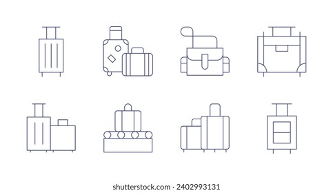 Suitcase icons. Editable stroke. Containing luggage, geological, conveyor belt, suitcase.