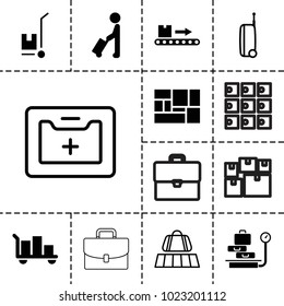 Suitcase icons. set of 13 editable filled and outline suitcase icons such as man with luggage, luggage, lugagge, medical kit, suitcase, lugagge weight, case
