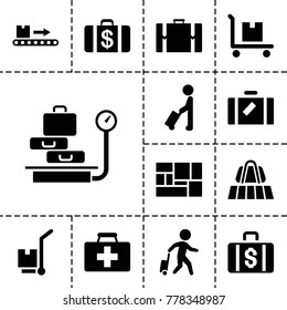 Suitcase icons. set of 13 editable filled suitcase icons such as man with luggage, luggage, money case, first aid kit, cargo on cart, lugagge, suitcase