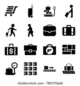 Suitcase icons. set of 16 editable filled suitcase icons such as man with luggage, briefcase with weapon, lugagge weight, case, luggage scan, lugagge, man with case, suitcase