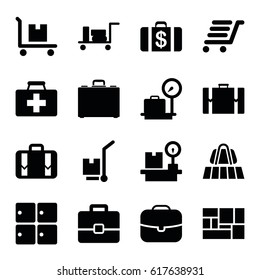 Suitcase icons set. set of 16 suitcase filled icons such as luggage belt, luggage, lugagge weight, Money case, first aid kit, cargo on cart, lugagge, case