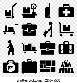 Suitcase icons set. set of 16 suitcase filled icons such as man with luggage, luggage belt, luggage, briefcase with weapon, first aid kit, cargo on cart, lugagge