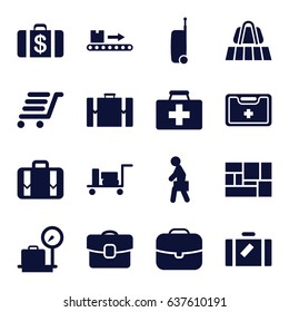 Suitcase icons set. set of 16 suitcase filled icons such as luggage, luggage belt, lugagge weight, money case, first aid kit, lugagge, medical kit, man with case, case